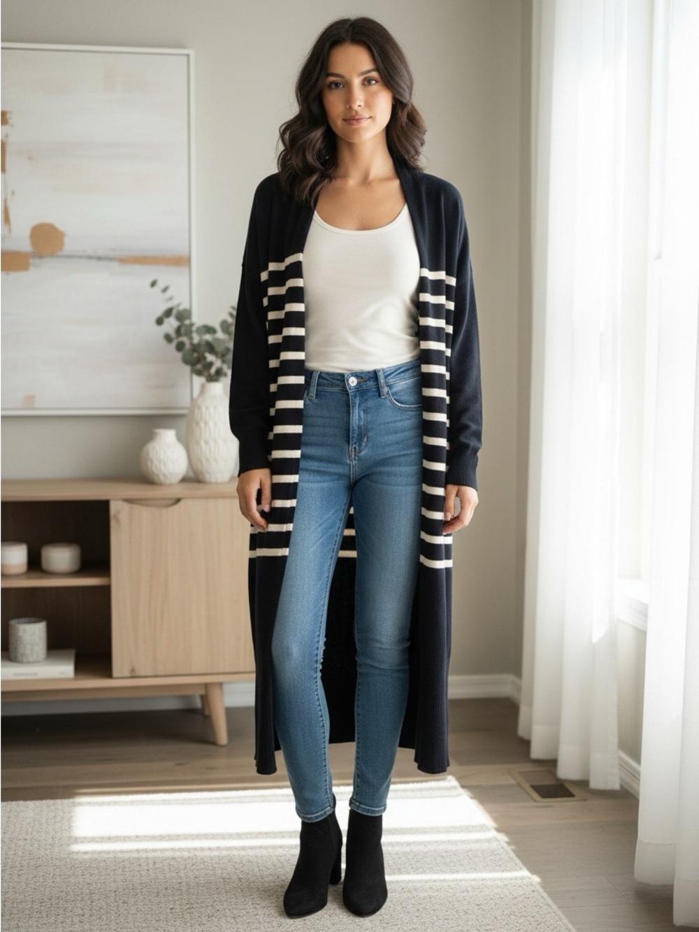 Loft Factory Women’s Navy & White Striped Open Front Cardigan Long Sweater Large